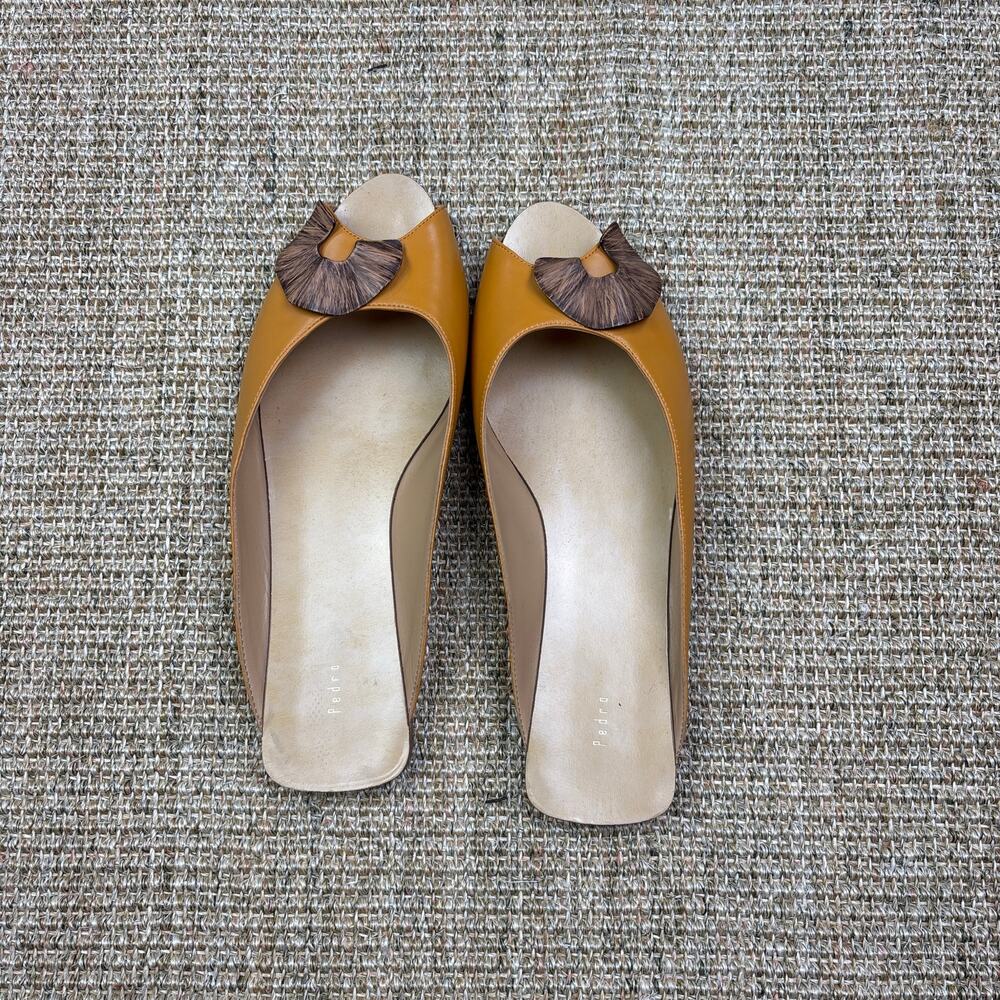 🌾 Pedro Leather Mule Slides | Size 38 | Mustard Yellow | Fan Medallion Toe